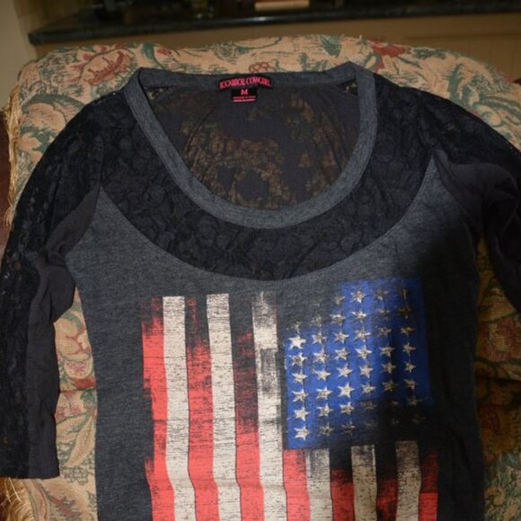 Rock & Roll Cowgirl Black lacy Stars and Stripes Medium Top - Picture 2 of 6